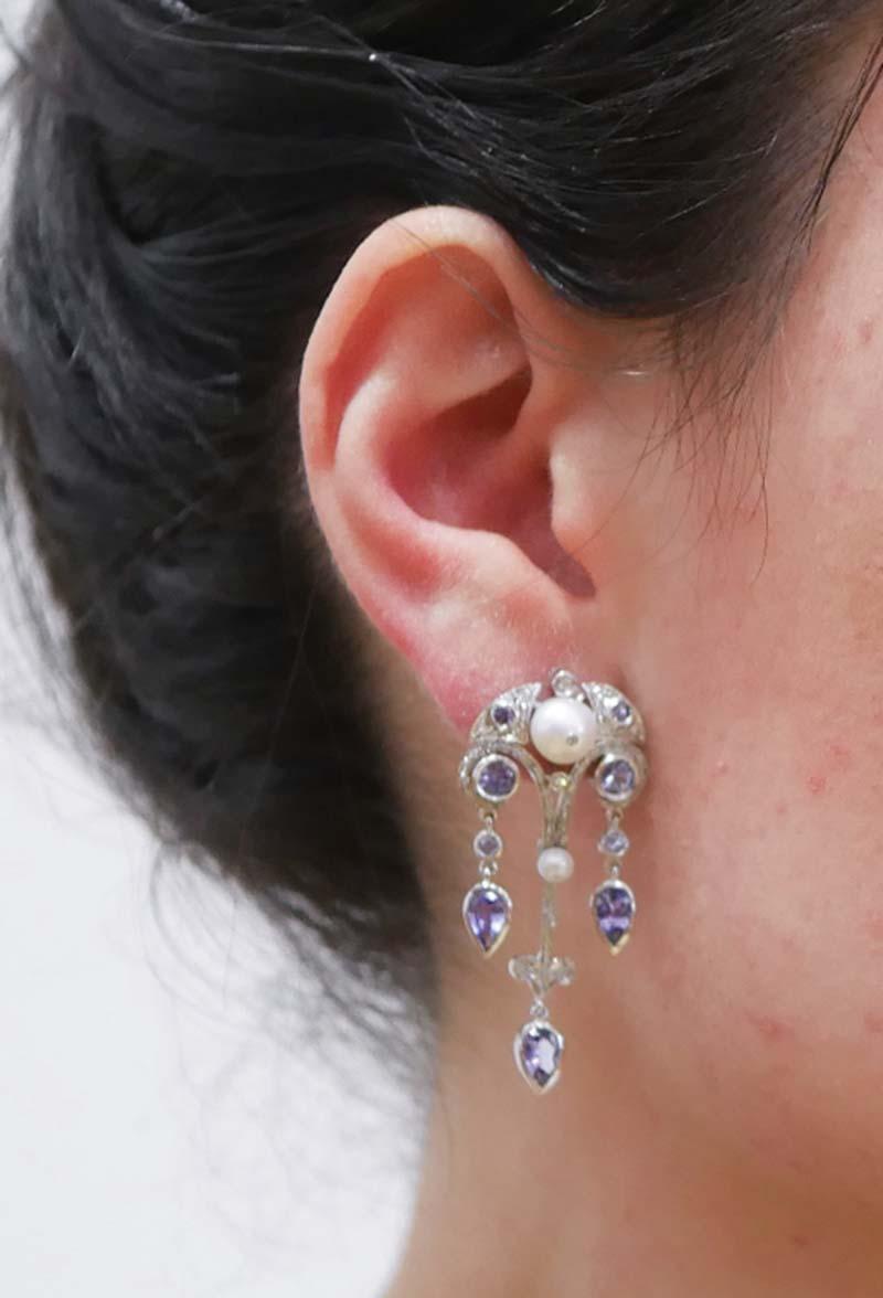 Tanzanite, Pearls, Diamonds, Platinum Earrings. In Good Condition For Sale In Marcianise, Marcianise (CE)