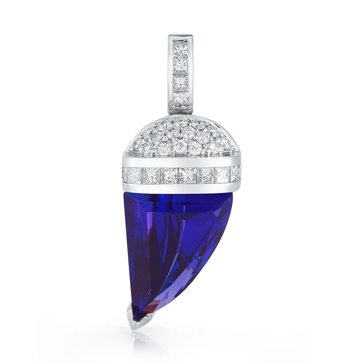 TANZANITE PENDANT
Reminiscent of tribal designs, this asymmetrical Tanzanite pendant is
edgy in the most beautiful way.
Item: # 01664
Metal: 18k W
Color Weight: 8.39 ct.
Diamond Weight: 0.84 ct.