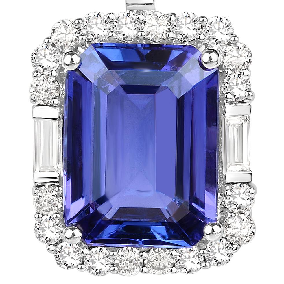 Emerald Cut Tanzanite Pendant Necklace Diamond Halo 9 Carats 18K White Gold For Sale