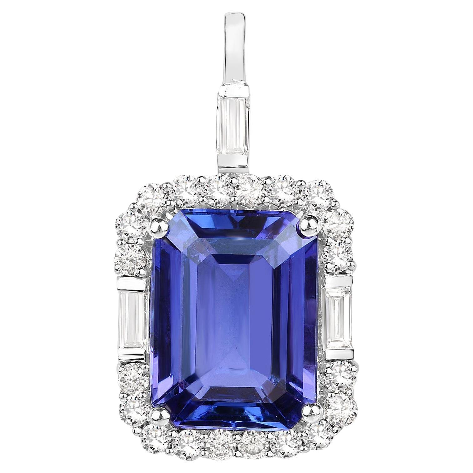 Tanzanite Pendant Necklace Diamond Halo 9 Carats 18K White Gold