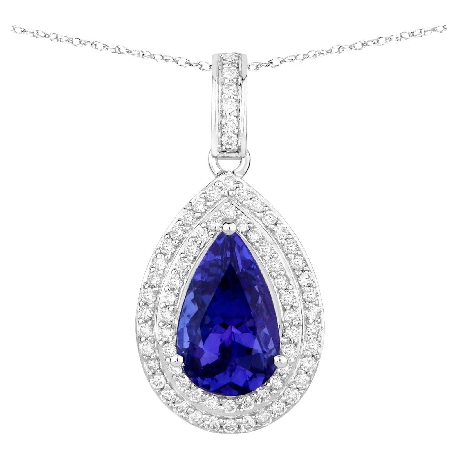 Tanzanite Pendant Necklace Diamond Setting 2.65 Carats 14K White Gold