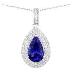Tansanit-Anhänger-Halskette mit Diamantfassung aus 14 Karat Weißgold mit 2,65 Karat
