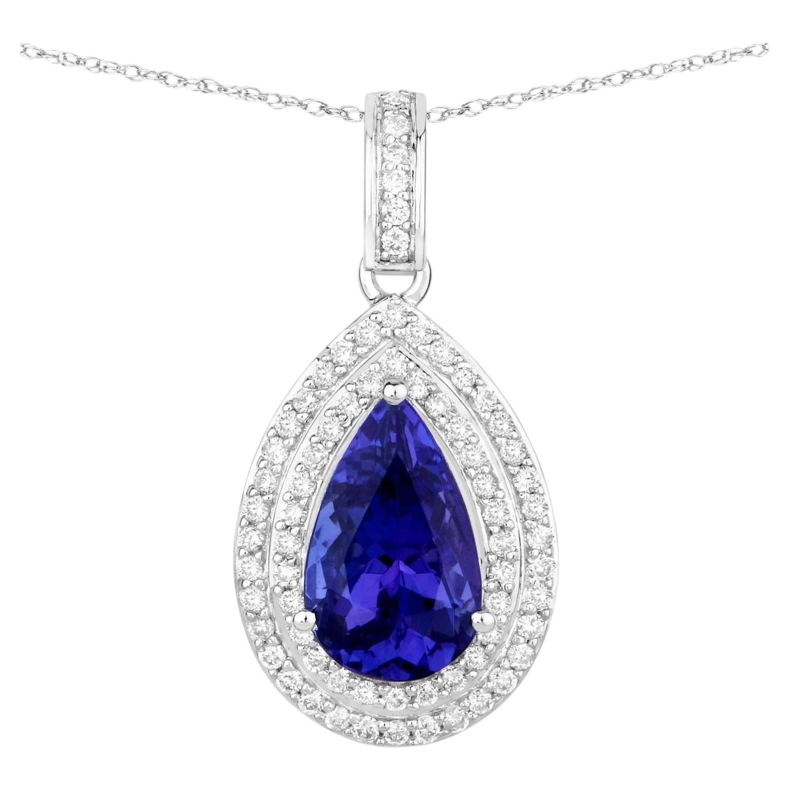 Tanzanite Pendant Necklace Diamond Setting 2.65 Carats 14K White Gold