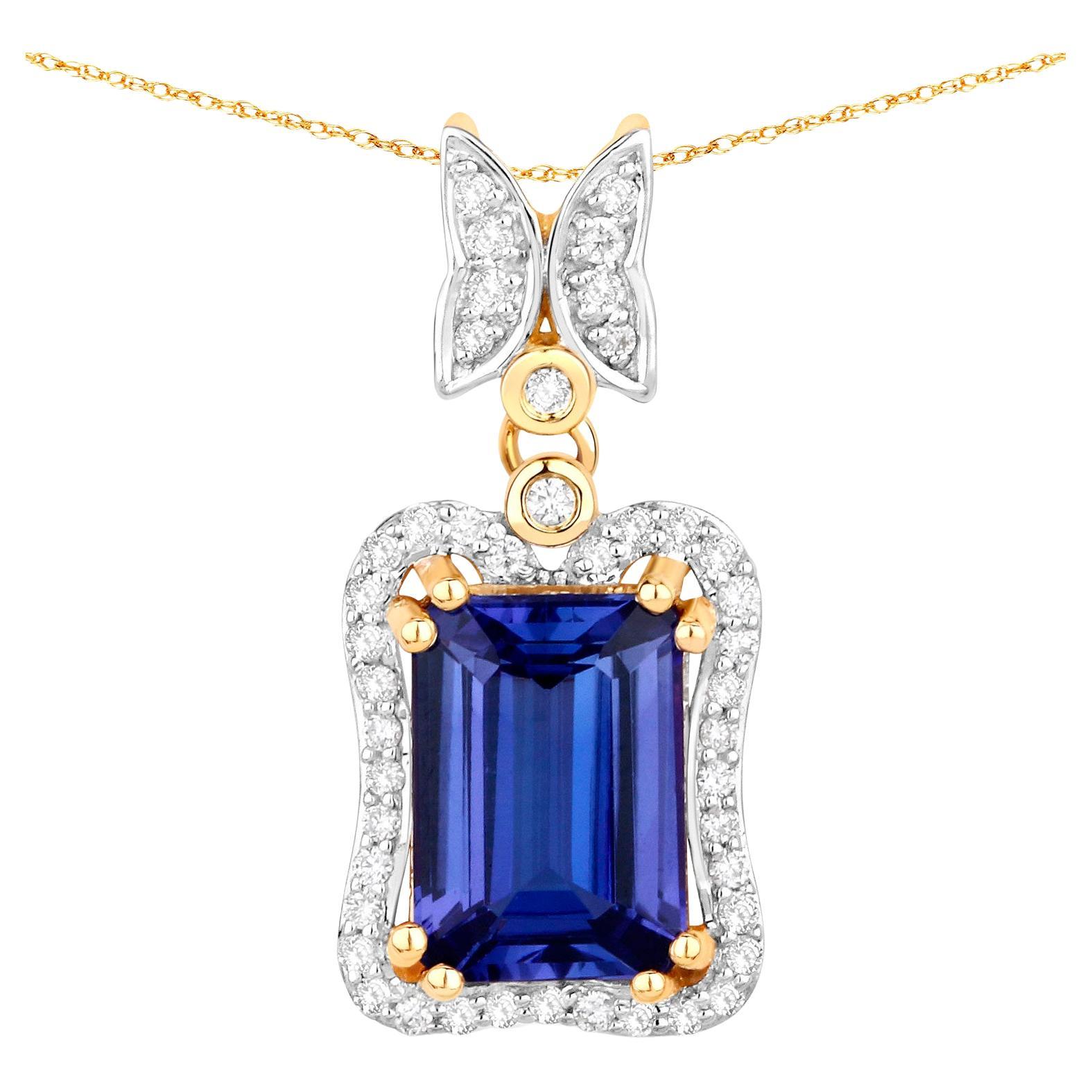 Tanzanite Pendant Necklace Diamond Setting 2.95 Carats 14K Yellow Gold For Sale