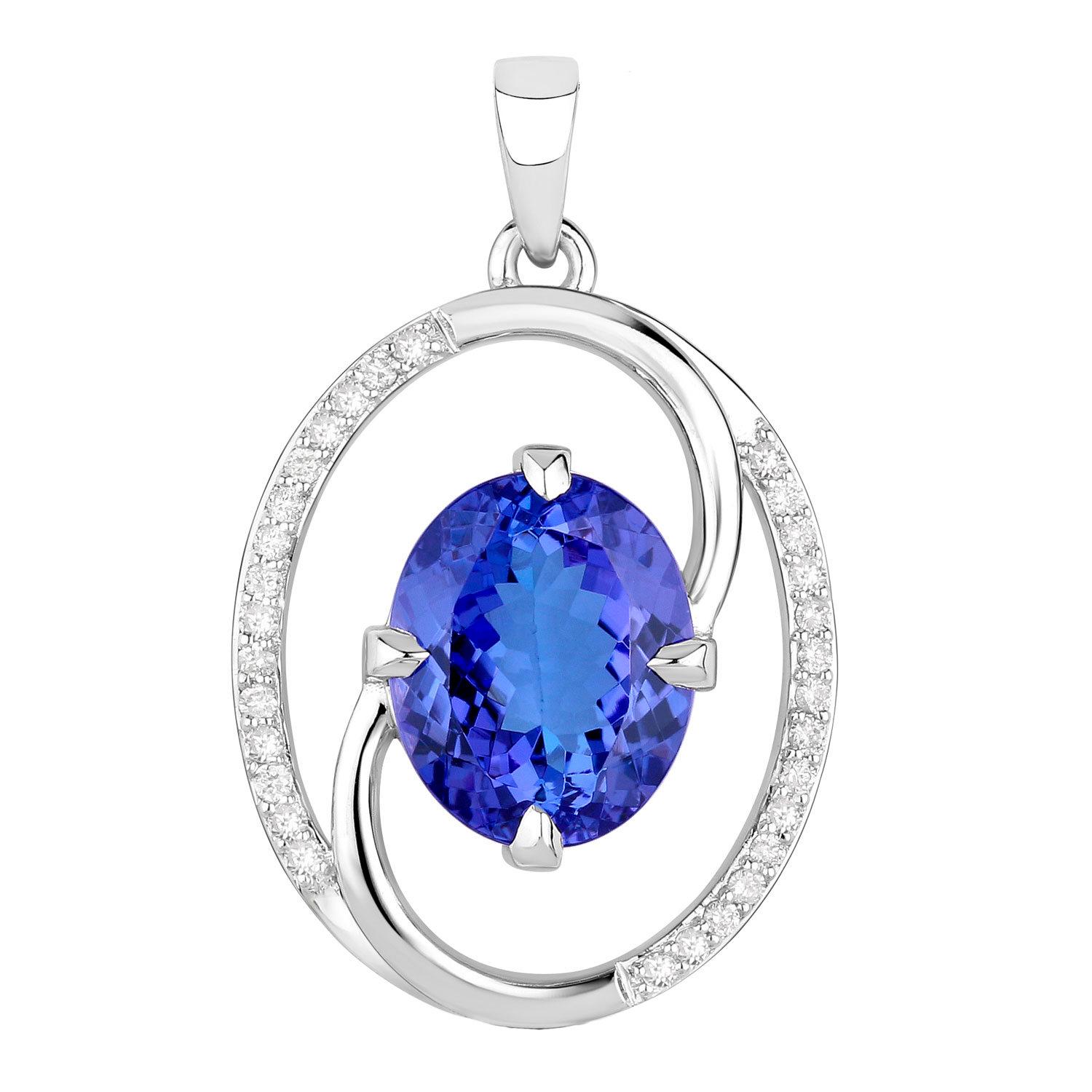 Taglio ovale Collana con ciondolo di tanzanite con diamanti 3,2 carati in oro bianco 14K in vendita