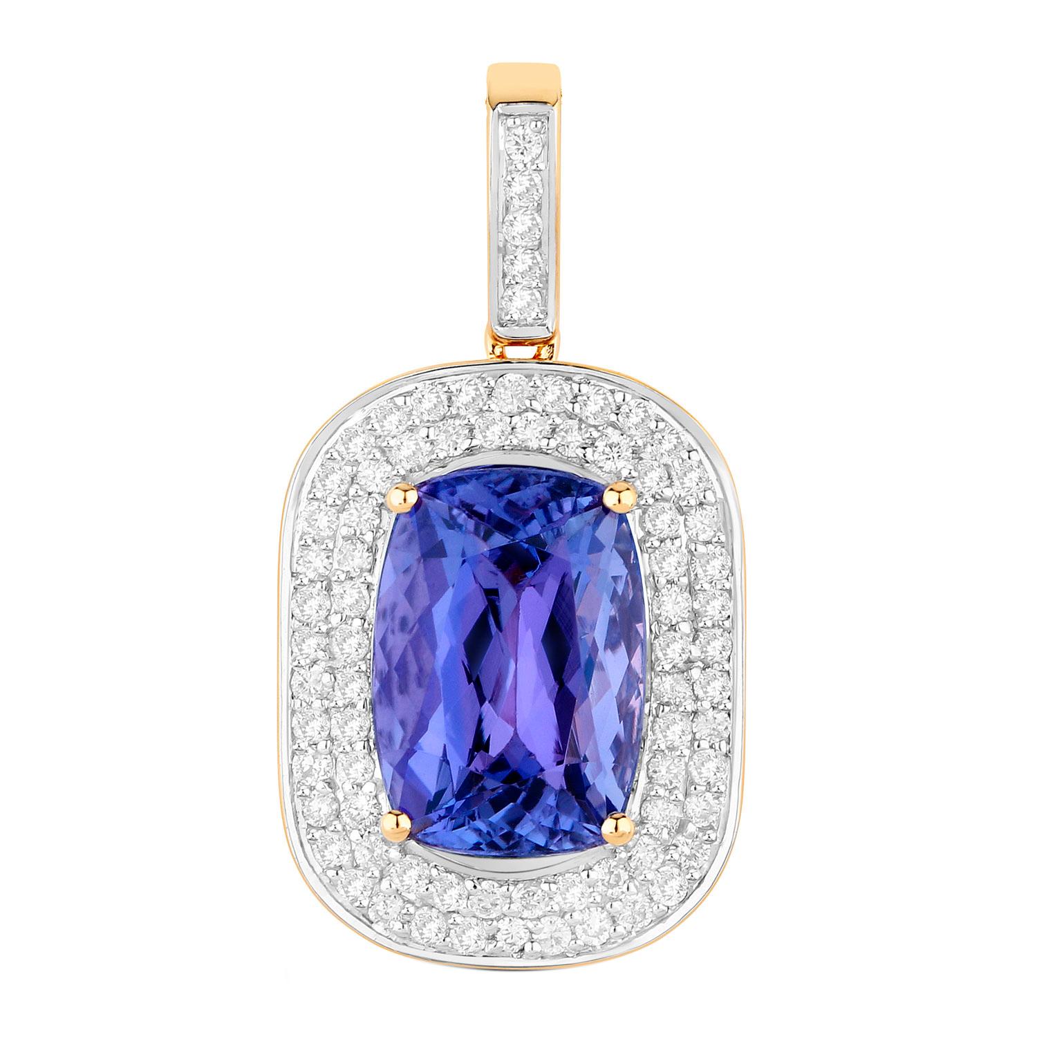 Cushion Cut Tanzanite Pendant Necklace Diamond Setting 3.5 Carats Total 14K Gold For Sale