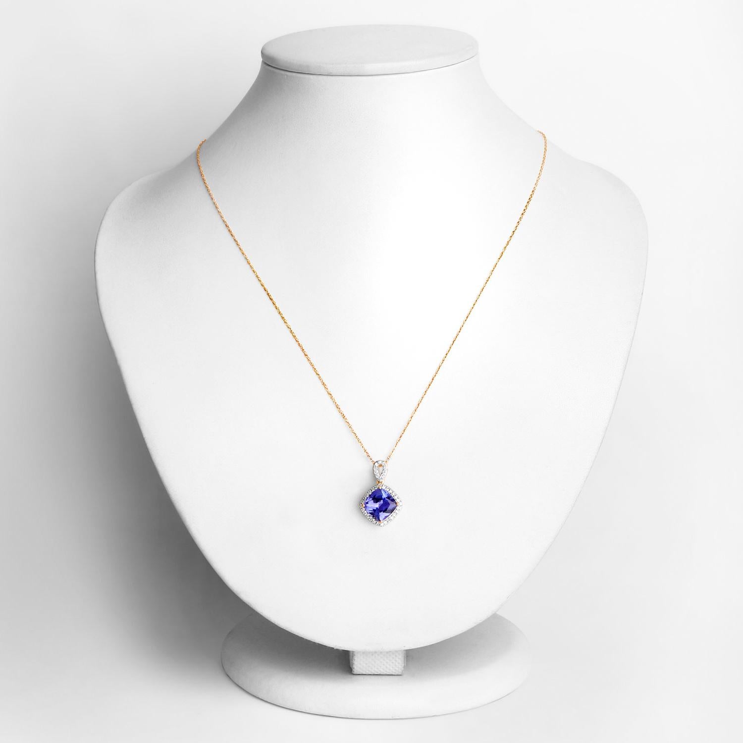 Cushion Cut Tanzanite Pendant Necklace Diamonds 2.53 Carats 14K Yellow Gold For Sale