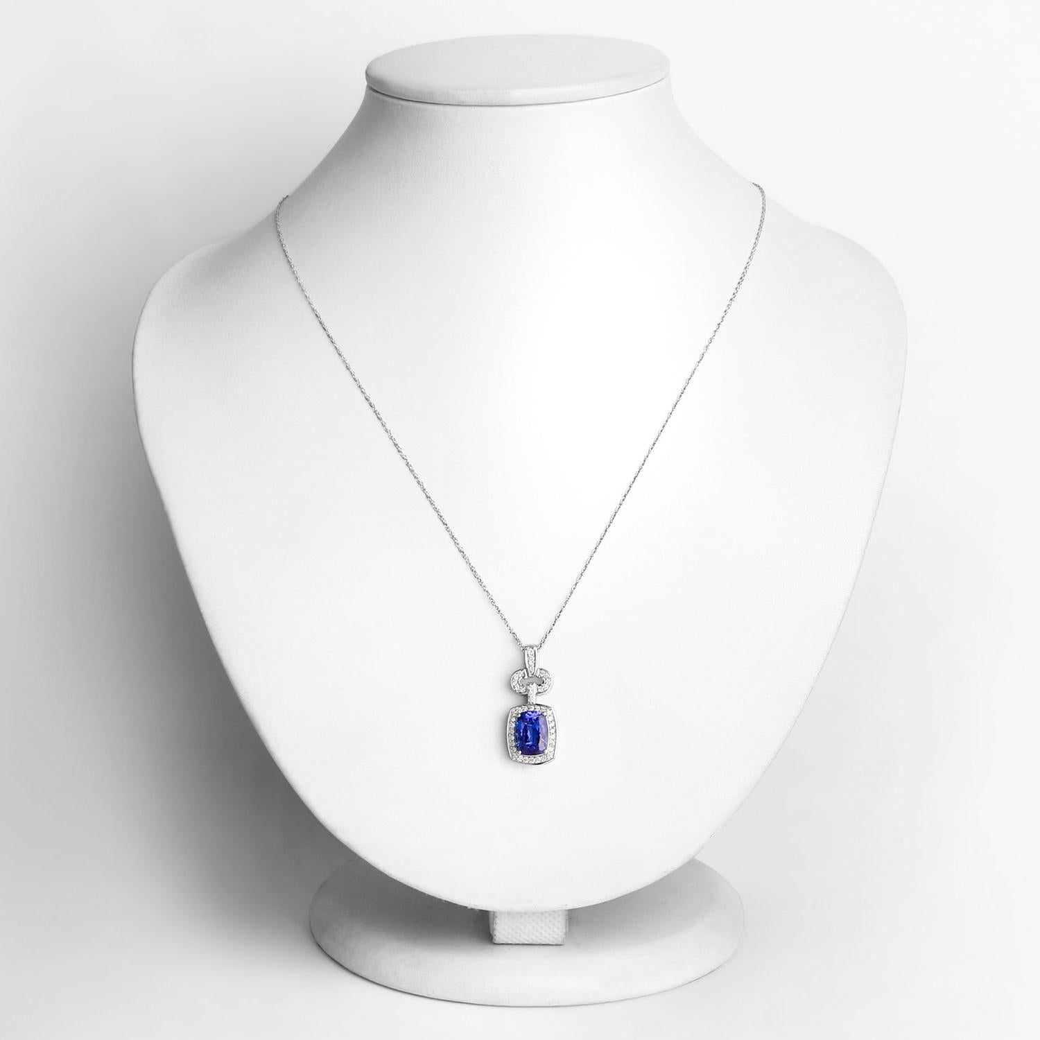 Cushion Cut Tanzanite Pendant Necklace Diamonds 2.62 Carats 14K White Gold For Sale