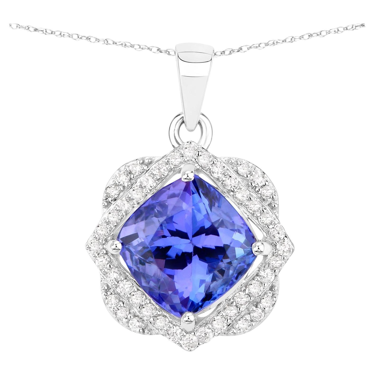 Tanzanite Pendant Necklace Diamonds 3.12 Carats 14K White Gold