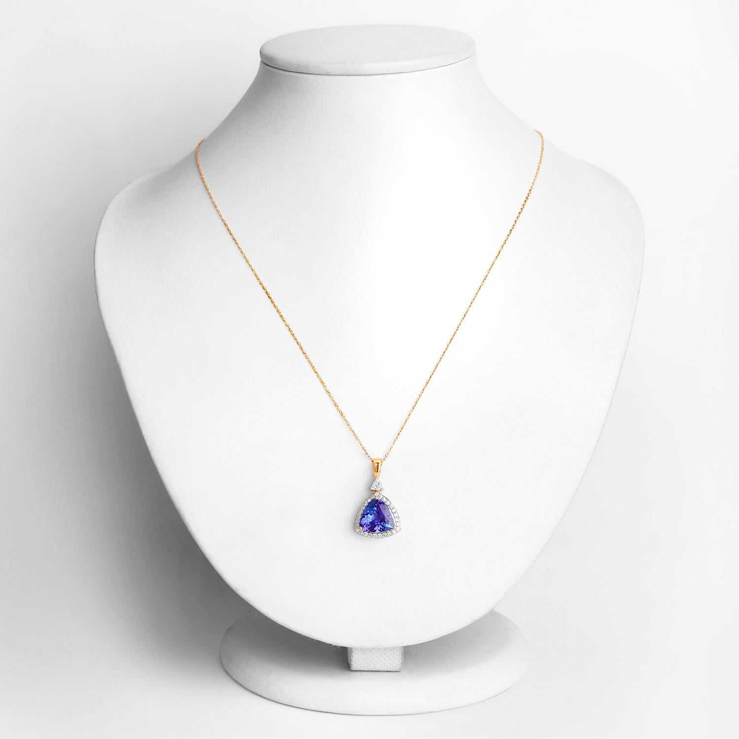Trillion Cut Tanzanite Pendant Necklace Diamonds 3.13 Carats 14K Yellow Gold For Sale