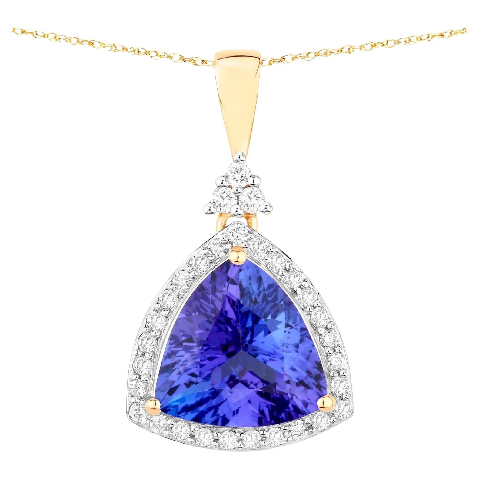 Tanzanite Pendant Necklace Diamonds 3.13 Carats 14K Yellow Gold For Sale