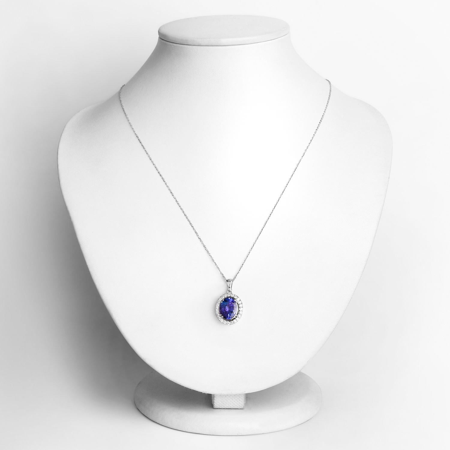 Oval Cut Tanzanite Pendant Necklace Diamonds 3.2 Carats 14K White Gold For Sale