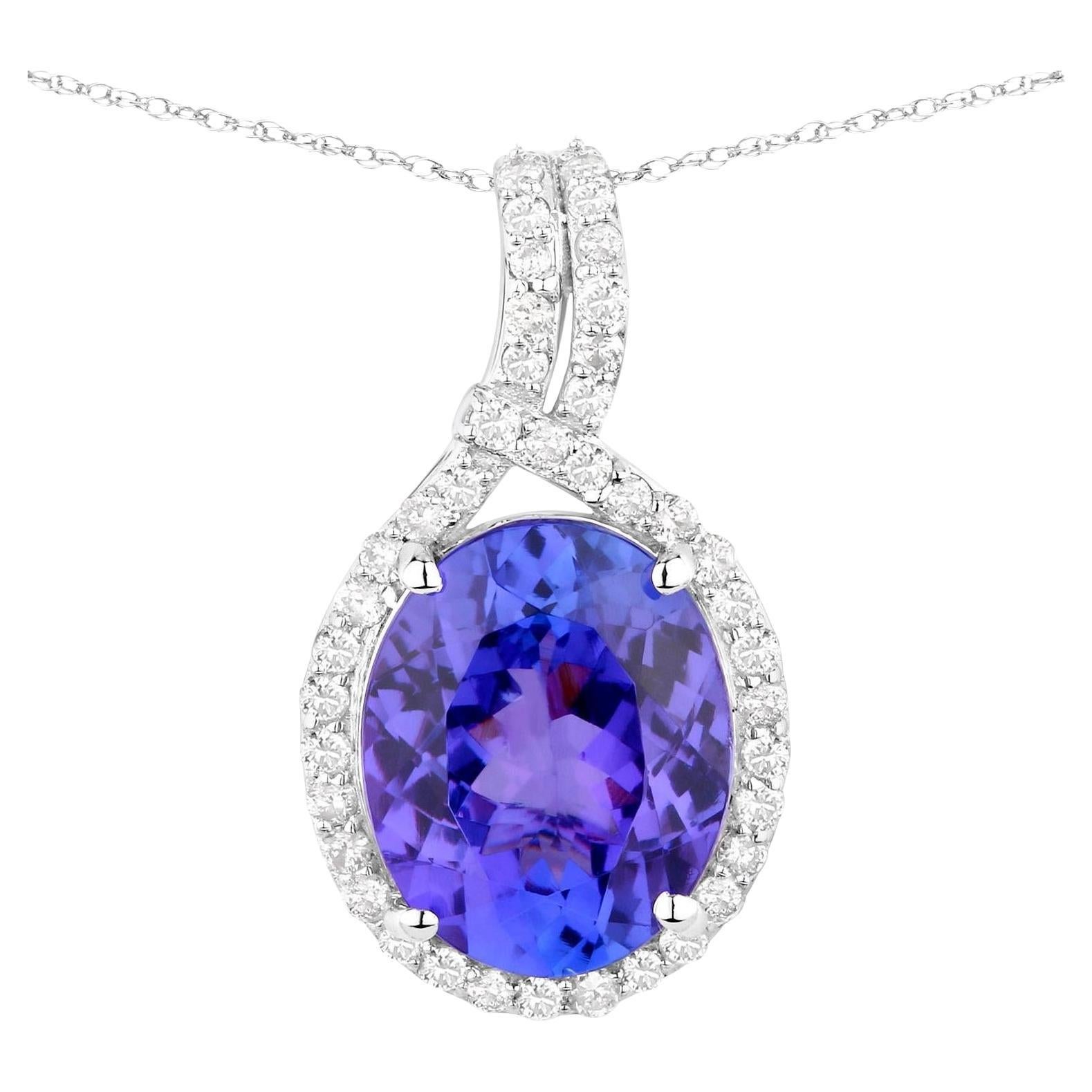 Tanzanite Pendant Necklace Diamonds 3.2 Carats 14K White Gold