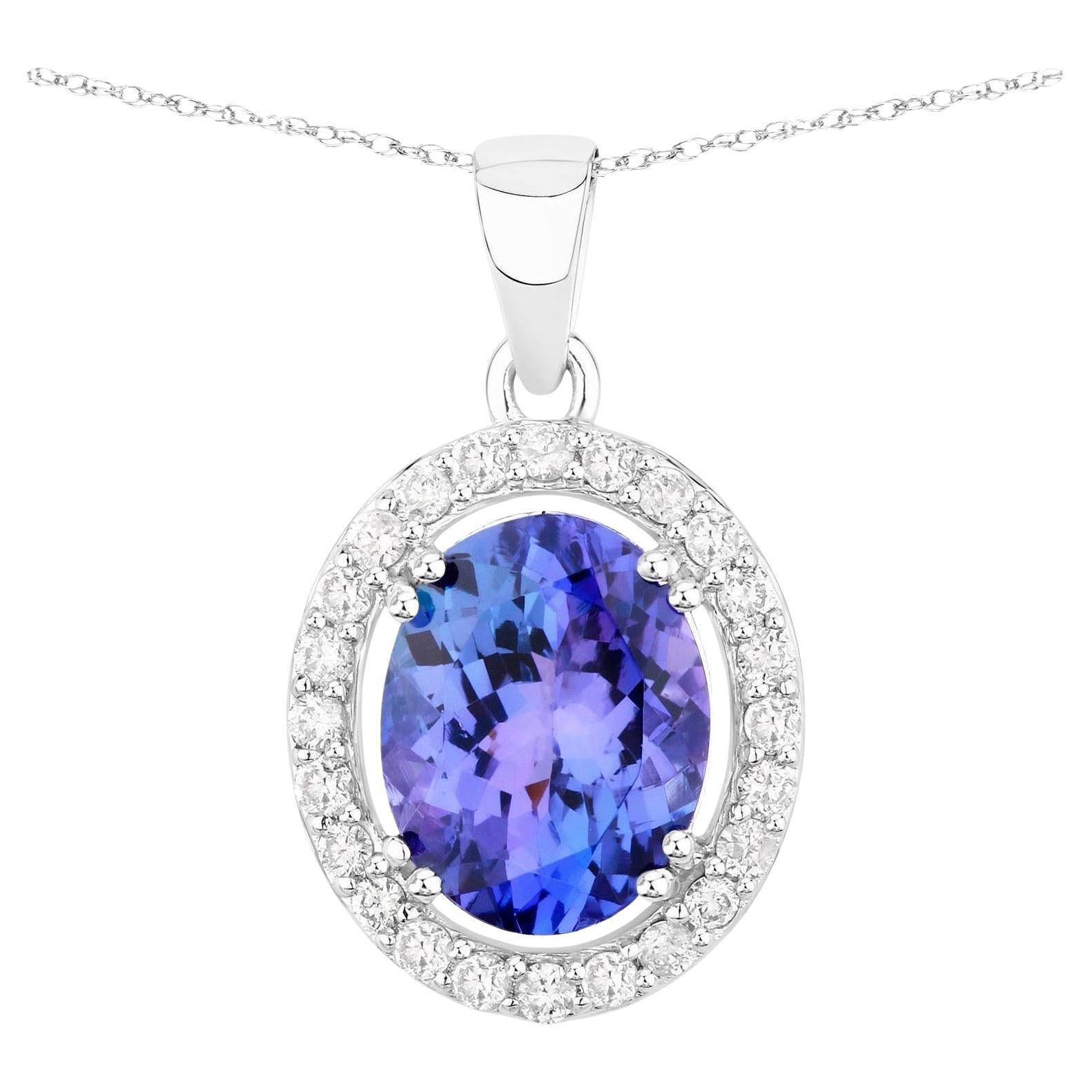 Tanzanite Pendant Necklace Diamonds 3.2 Carats 14K White Gold For Sale