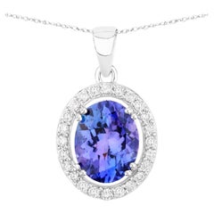 Tanzanite Pendant Necklace Diamonds 3.2 Carats 14K White Gold