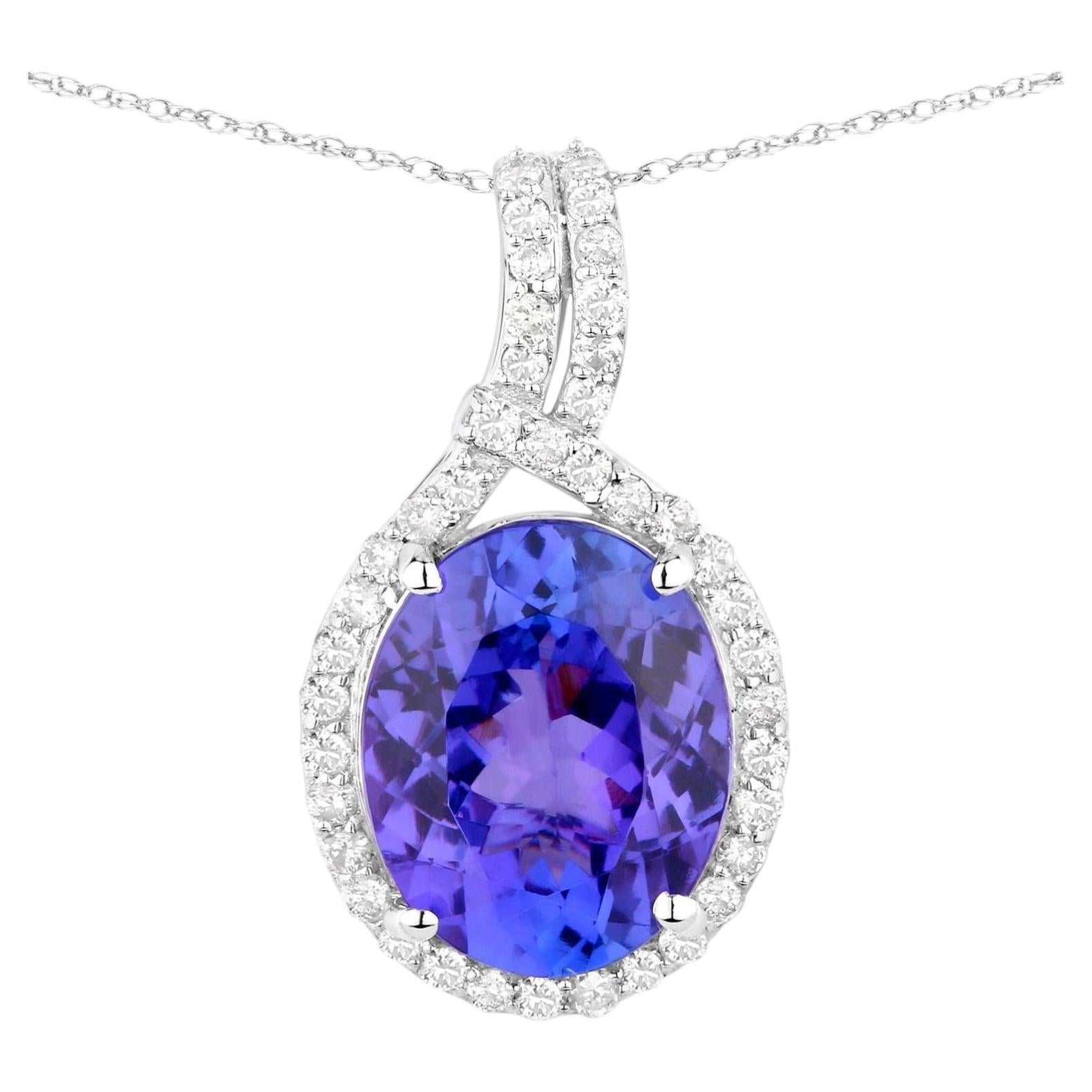 Tanzanite Pendant Necklace Diamonds 3.2 Carats 14K White Gold For Sale