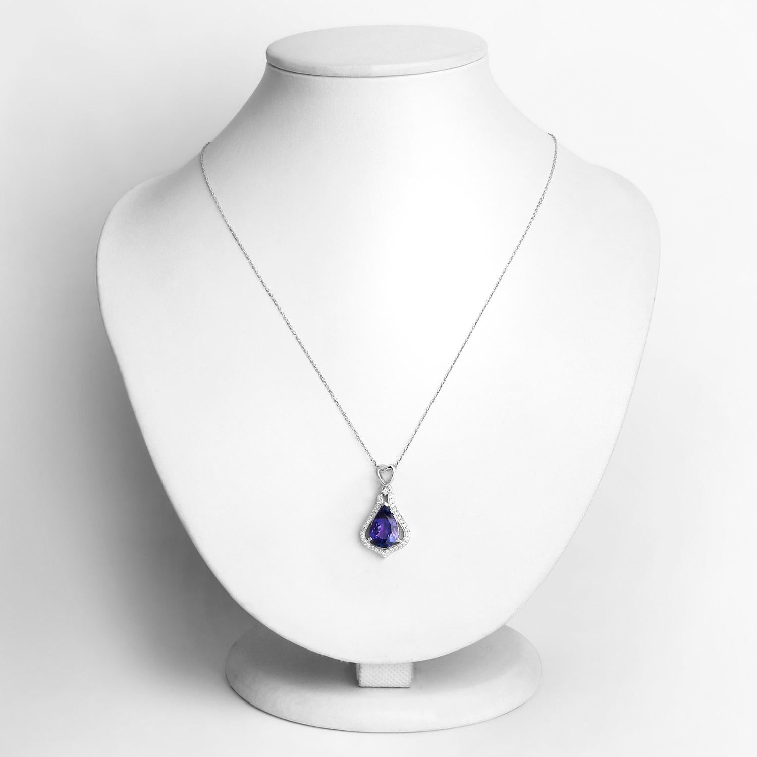 Pear Cut Tanzanite Pendant Necklace Diamonds 3.29 Carats 14K White Gold For Sale