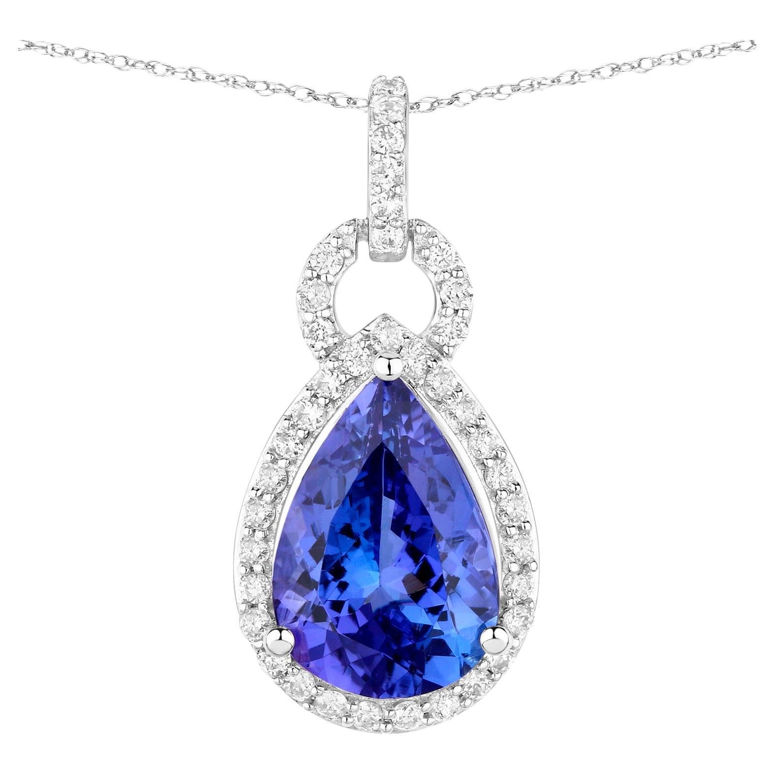 Tanzanite Pendant Necklace Diamonds 3.48 Carats 14K White Gold