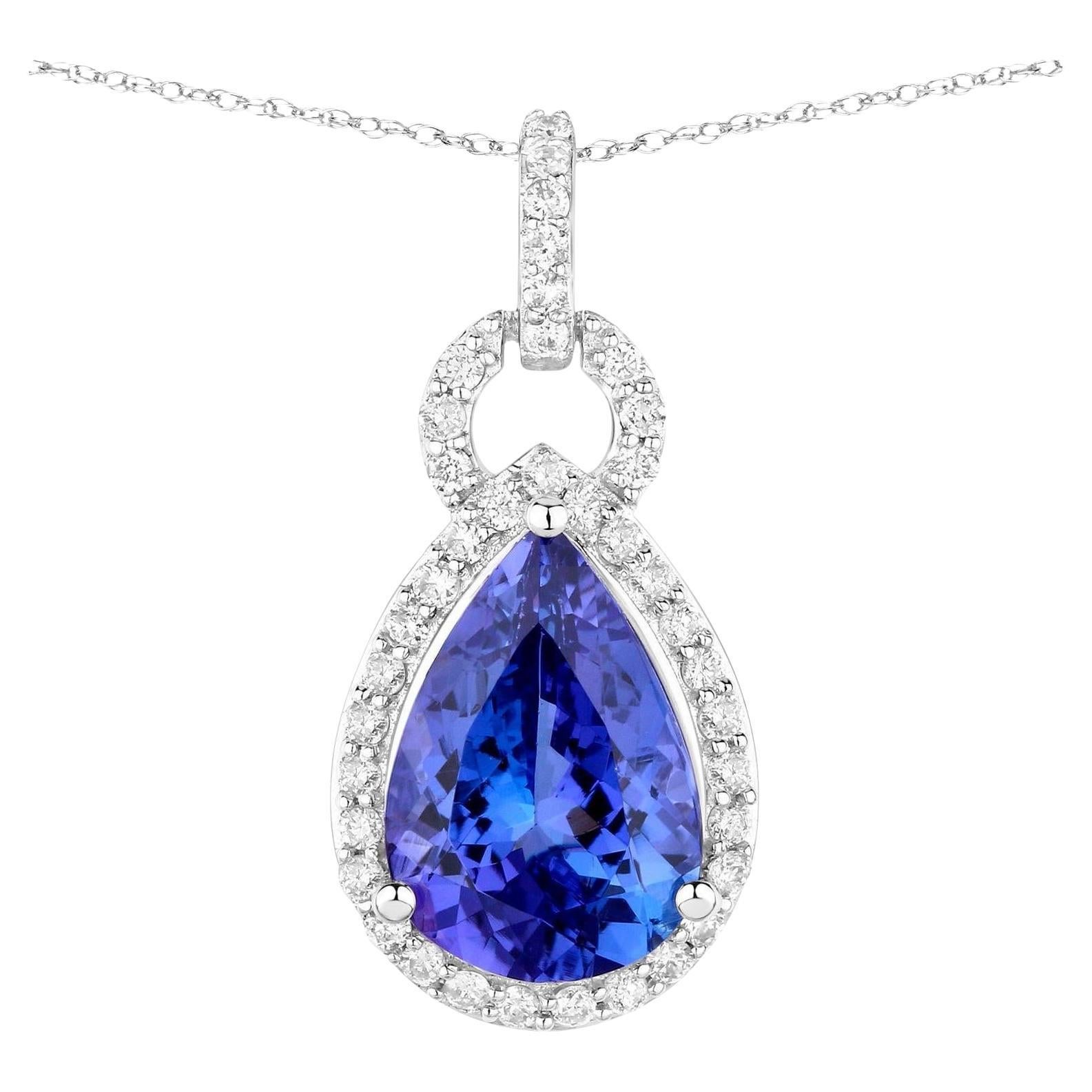 Tanzanite Pendant Necklace Diamonds 3.48 Carats 14K White Gold