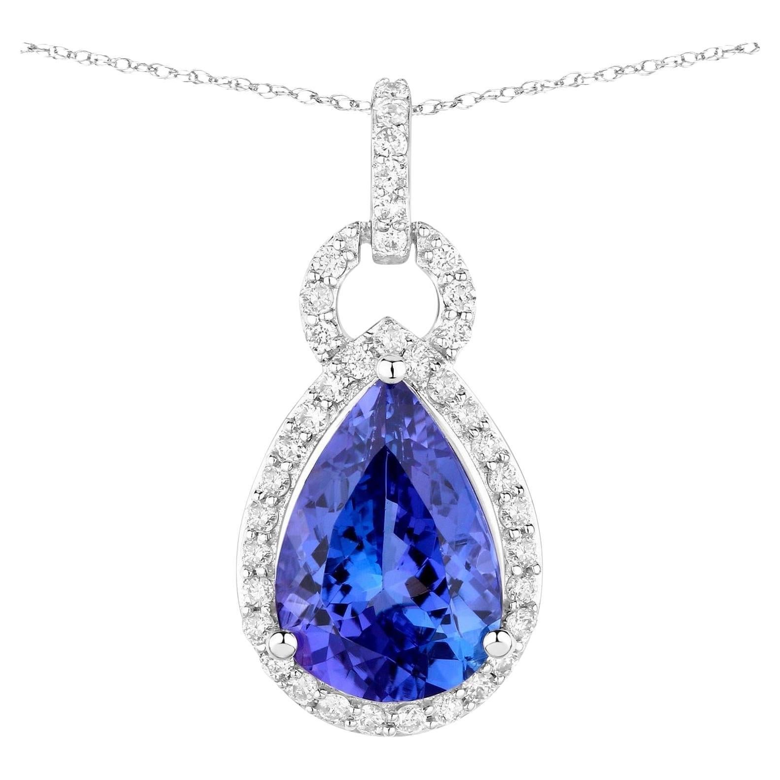 Tanzanite Pendant Necklace Diamonds 3.48 Carats 14K White Gold