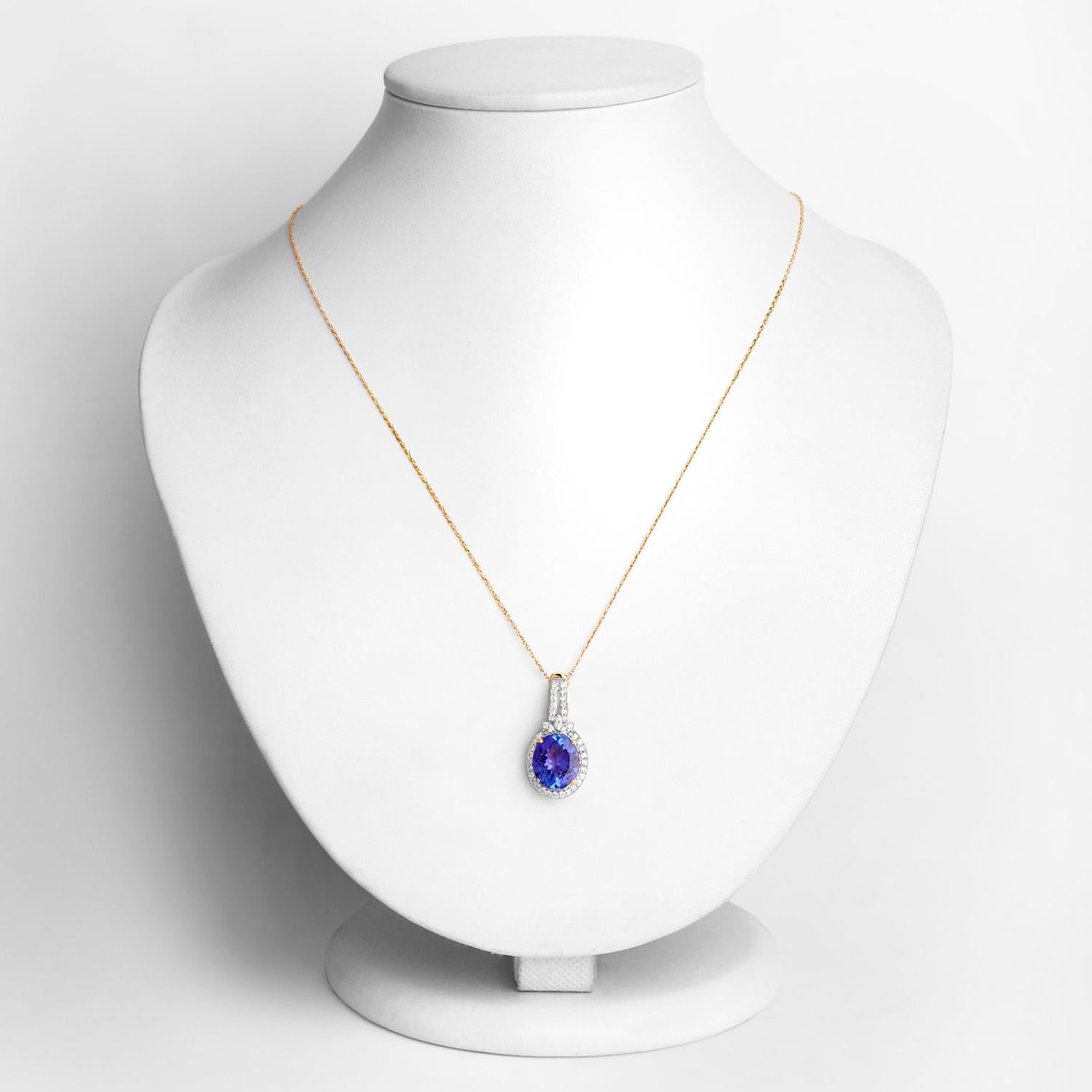 Oval Cut Tanzanite Pendant Necklace Diamonds 3.73 Carats 14K Yellow Gold For Sale