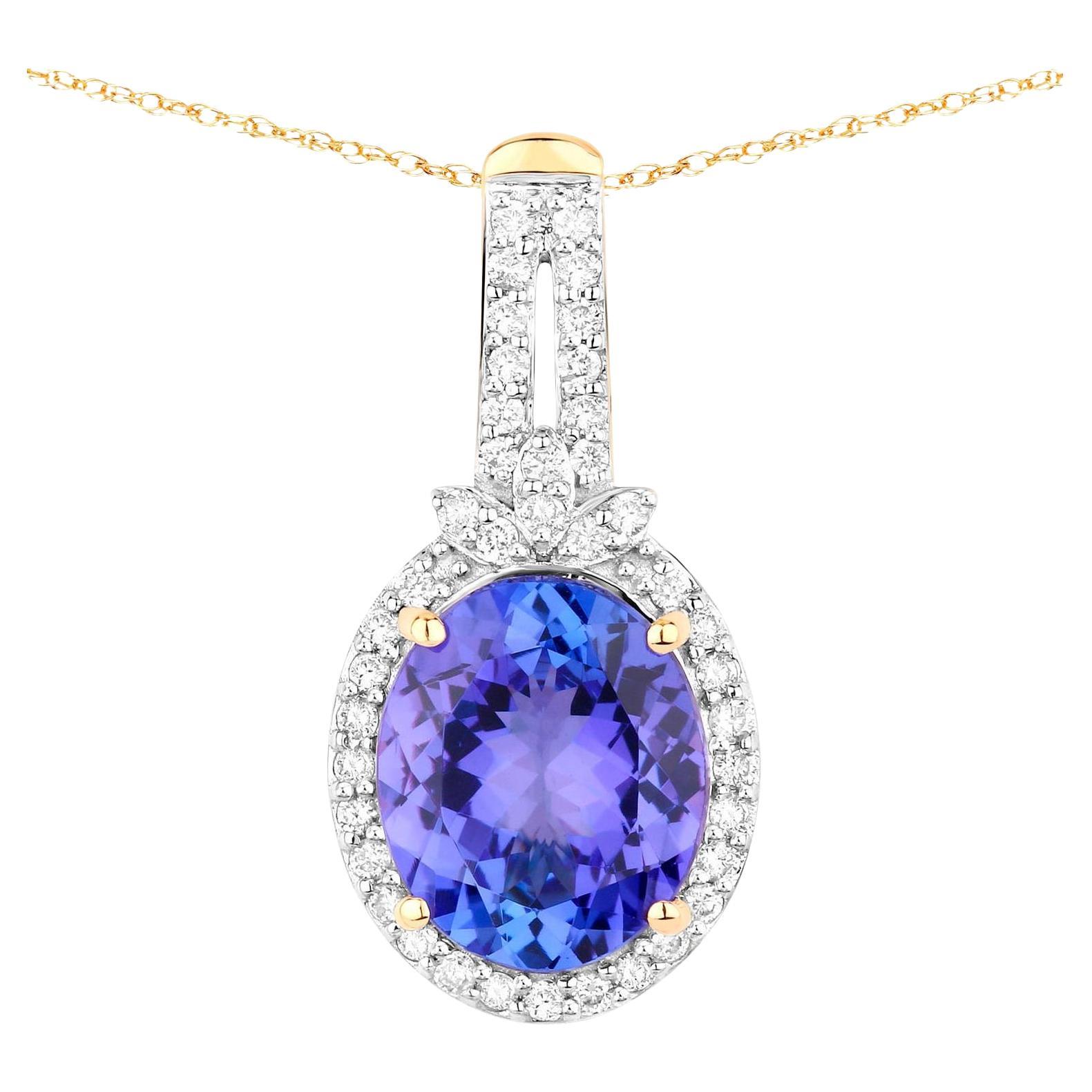 Tanzanite Pendant Necklace Diamonds 3.73 Carats 14K Yellow Gold For Sale