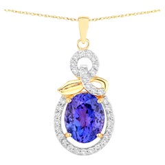 Tansanit-Anhänger Halskette Diamanten 3.9 Karat 14K Gelbgold