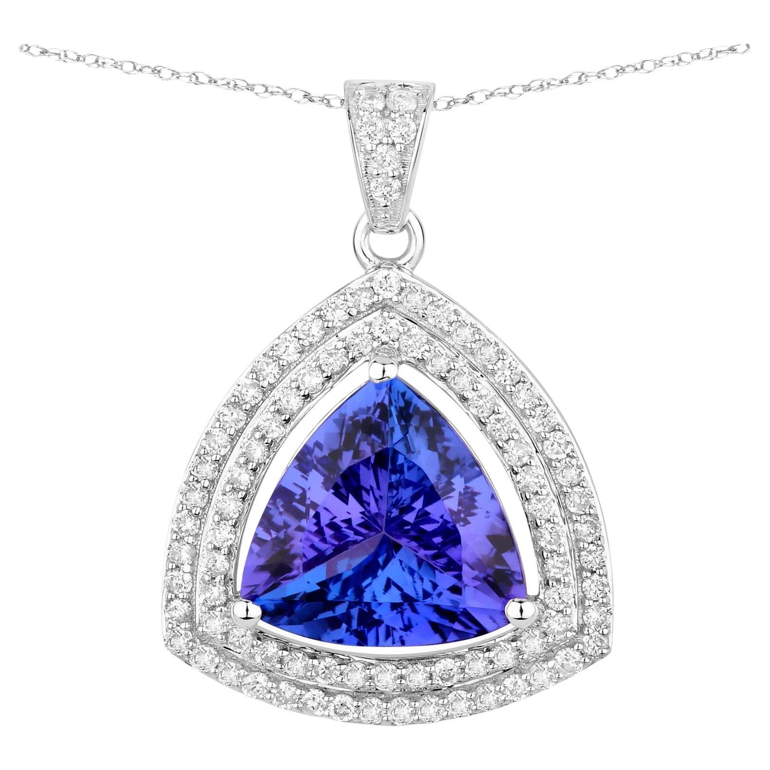 Tanzanite Pendant Necklace Diamonds 3.92 Carats 14K White Gold For Sale