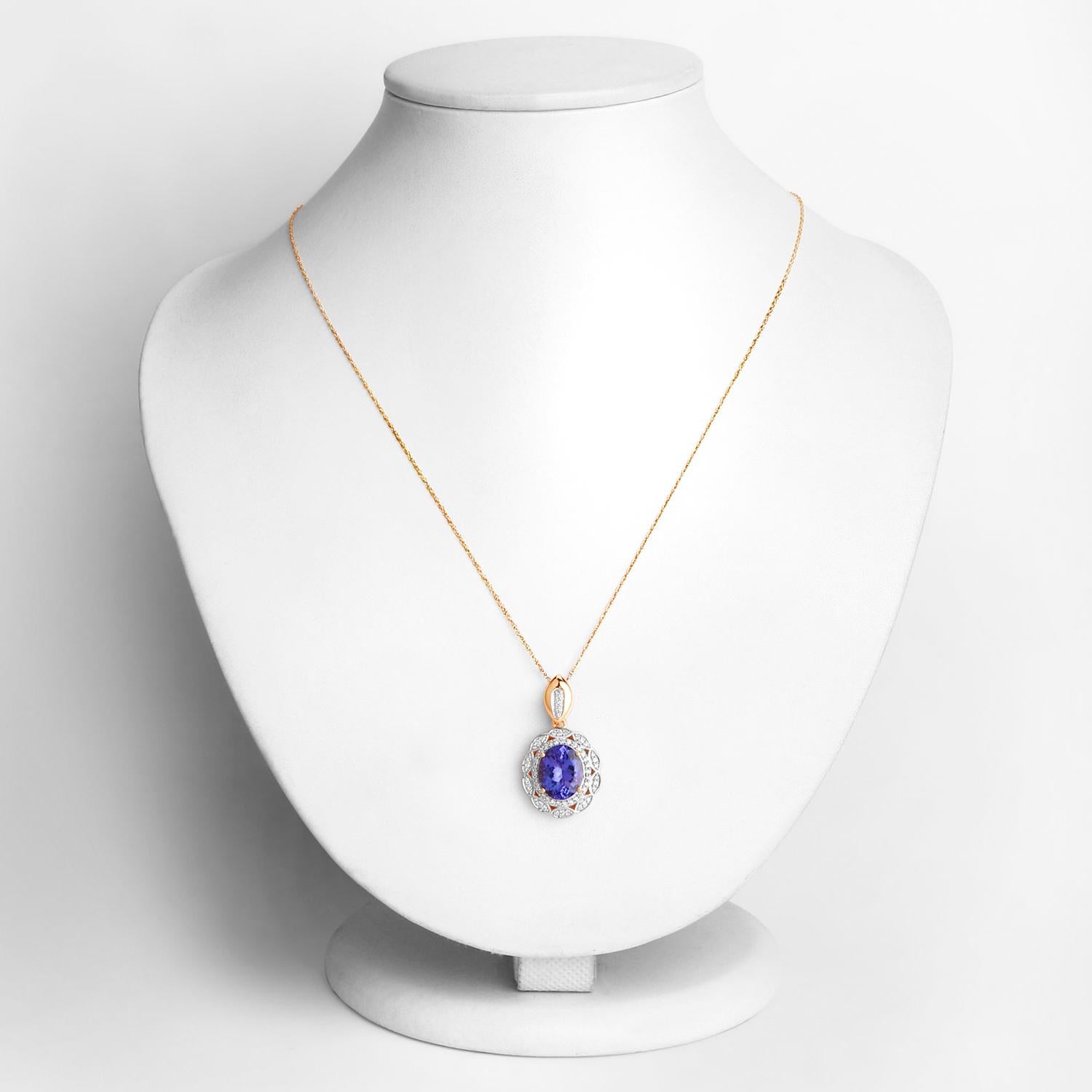 Taille ovale Collier pendentif tanzanite diamants 4,12 carats or jaune 14 carats en vente