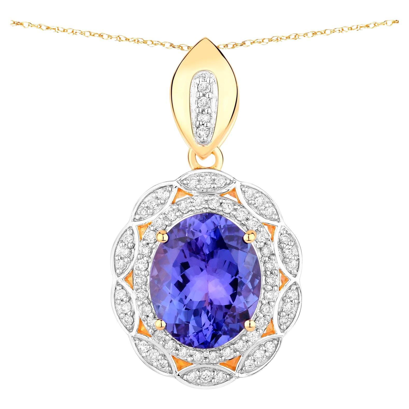 Collier pendentif tanzanite diamants 4,12 carats or jaune 14 carats en vente
