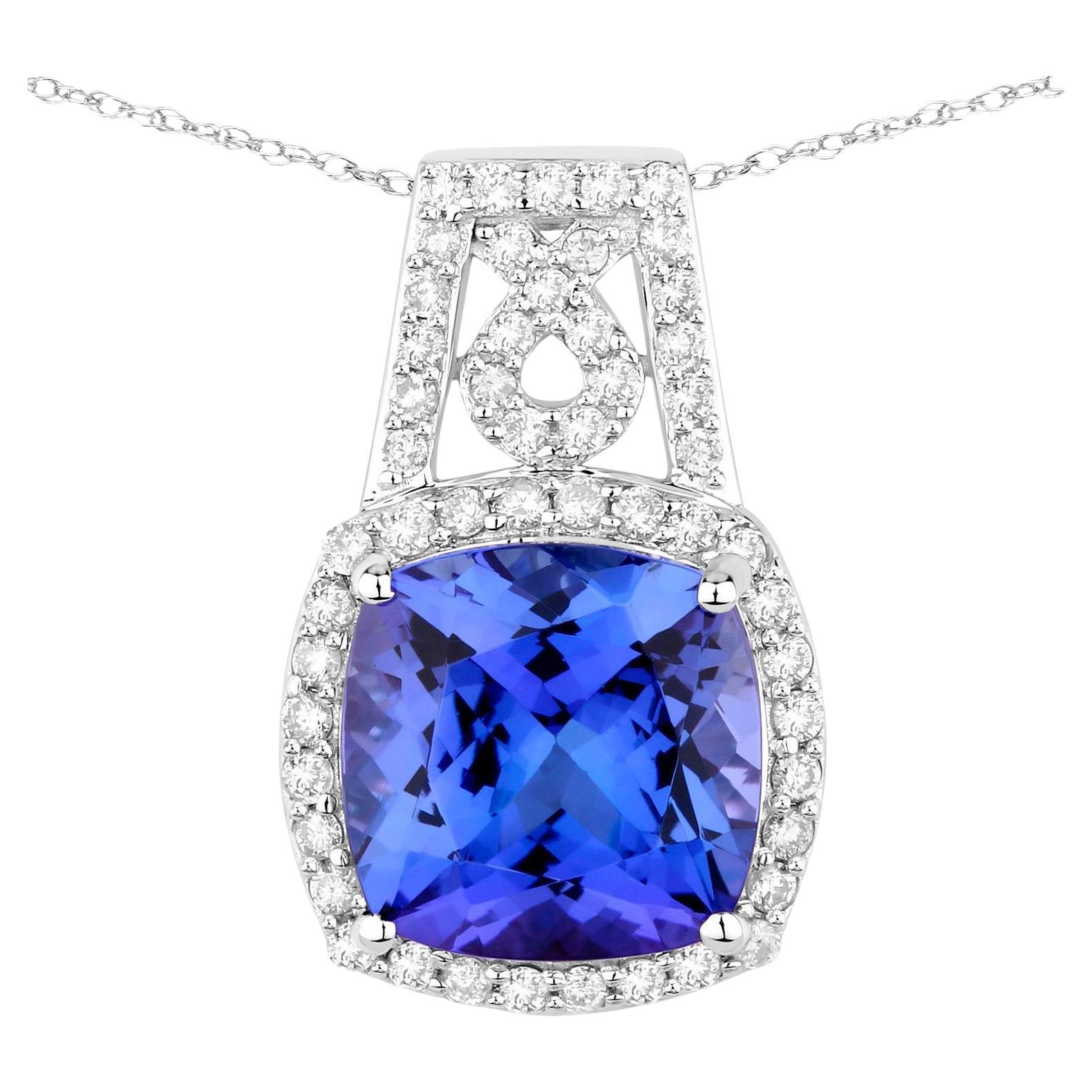 Tanzanite Pendant Necklace Diamonds 4.29 Carats 14K White Gold