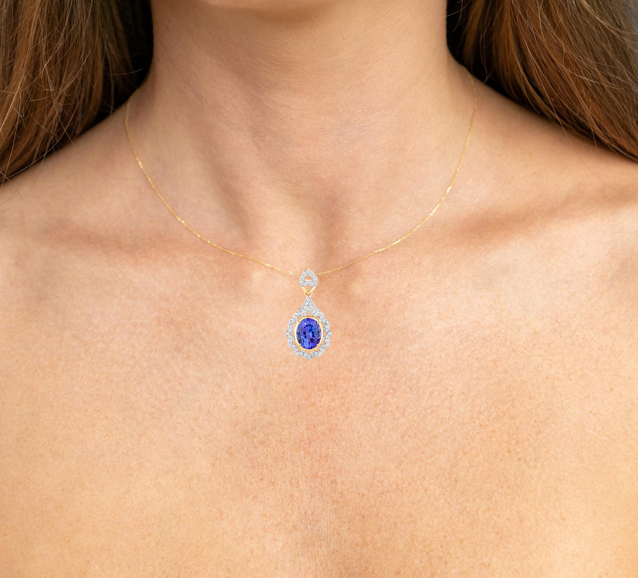It comes with the Gemological Appraisal by GIA GG/AJP
All gemstones are natural
Tanzanite = 3.91 Carats
47 Diamonds = 0.47 Carats
Metal: 14K Yellow Gold
Dimensions: 32 x 16 x 6 mm
Chain Included: 14K Yellow Gold
Chain Length: 16 Inches