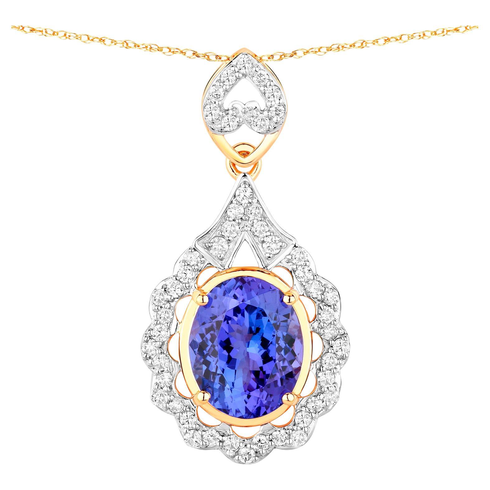 Tanzanite Pendant Necklace Diamonds 4.38 Carats 14K Yellow Gold