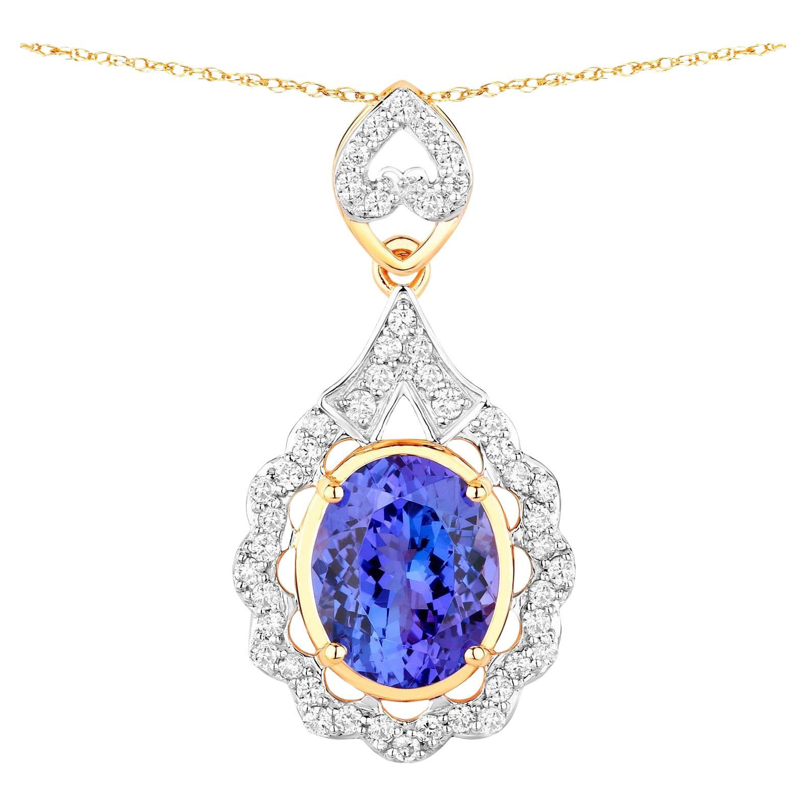 Tanzanite Pendant Necklace Diamonds 4.38 Carats 14K Yellow Gold