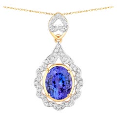 Tansanit-Anhänger Halskette Diamanten 4,38 Karat 14K Gelbgold