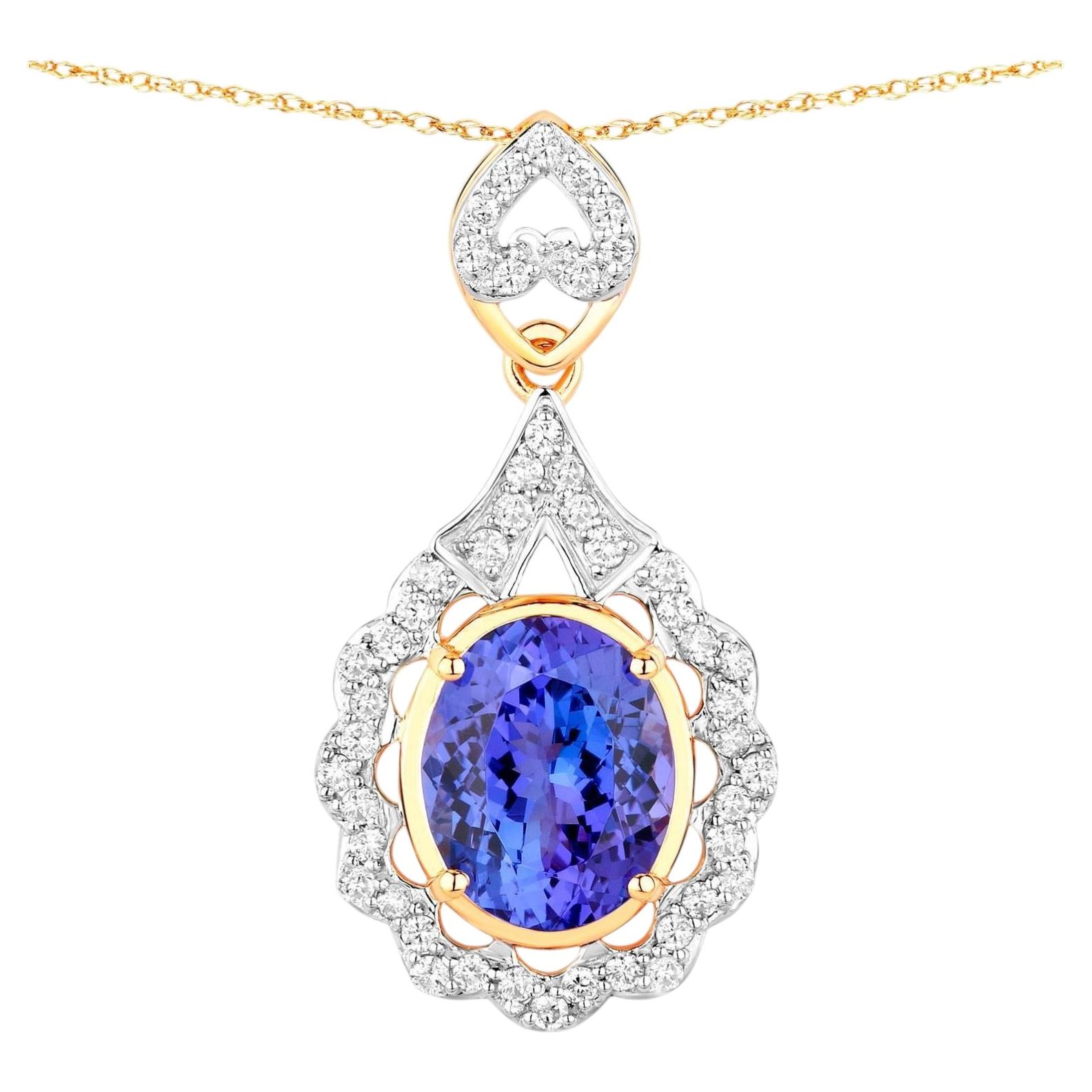 Collana con ciondolo di tanzanite Diamanti 4,38 carati Oro giallo 14K