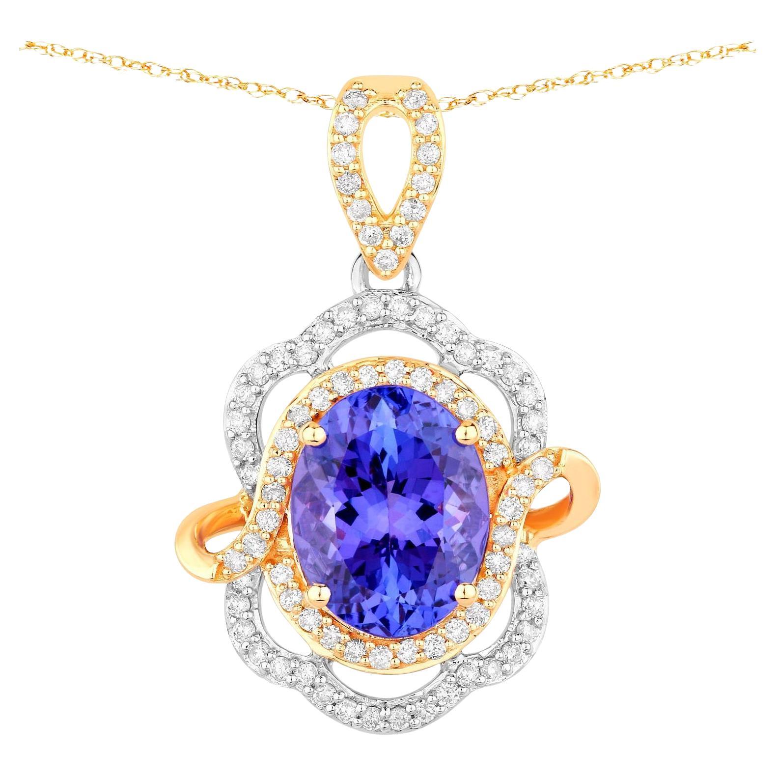 Tanzanite Pendant Necklace Diamonds 4.6 Carats 14K Gold For Sale