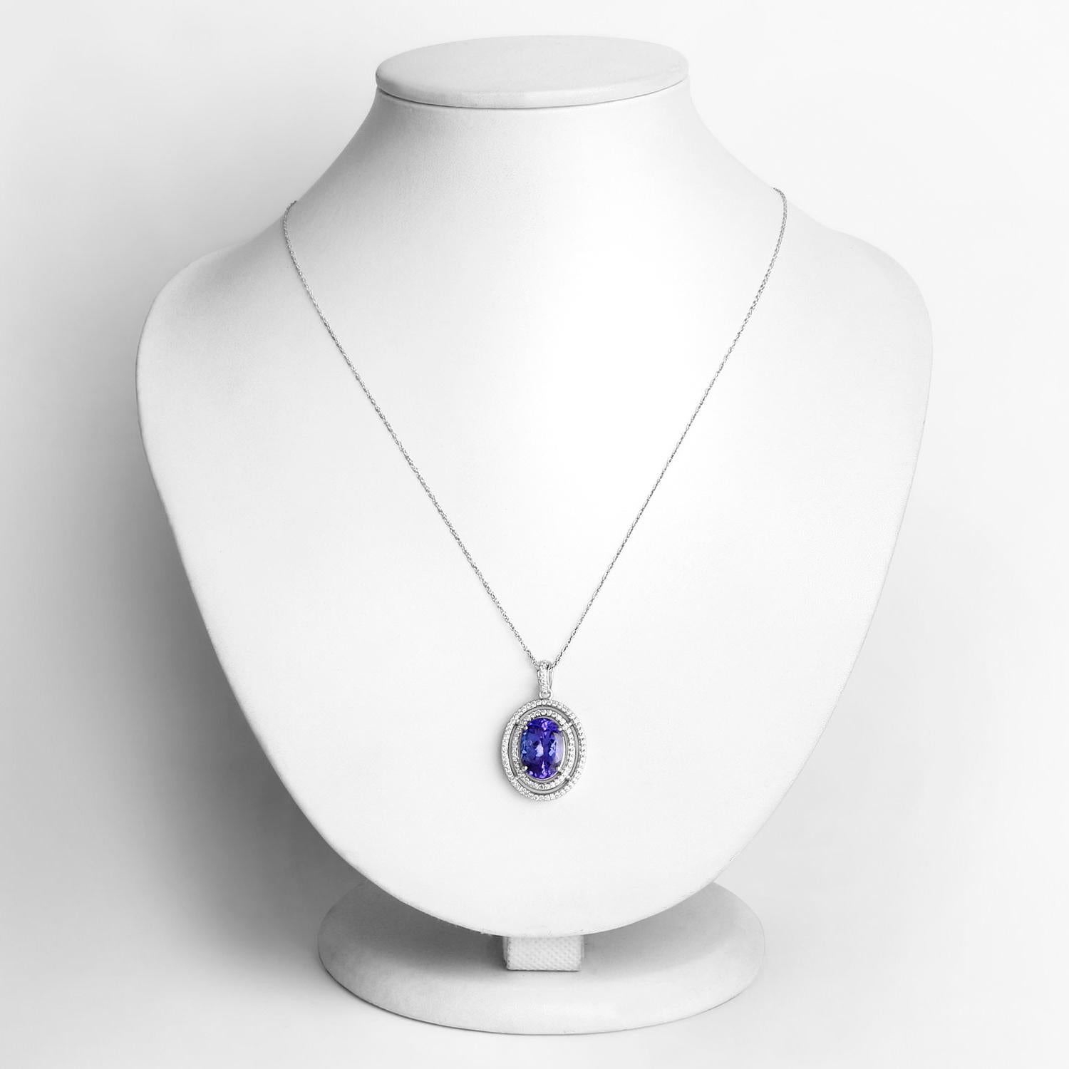 Oval Cut Tanzanite Pendant Necklace Diamonds 4.88 Carats 14K White Gold For Sale