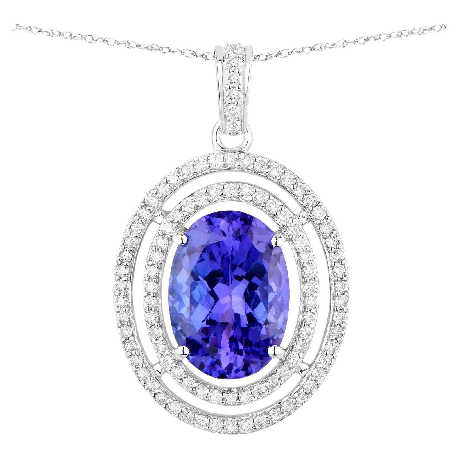 Tanzanite Pendant Necklace Diamonds 4.88 Carats 14K White Gold For Sale