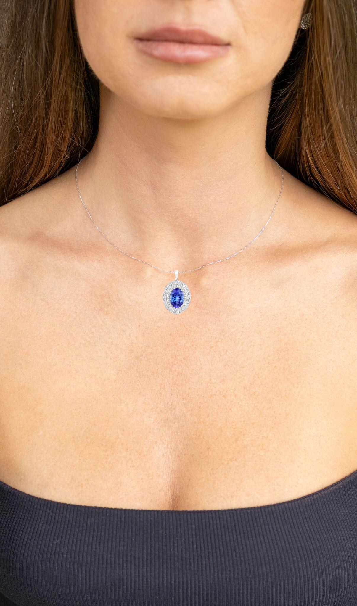 Contemporary Tanzanite Pendant Necklace Diamonds 5.9 Carats 14K White Gold For Sale