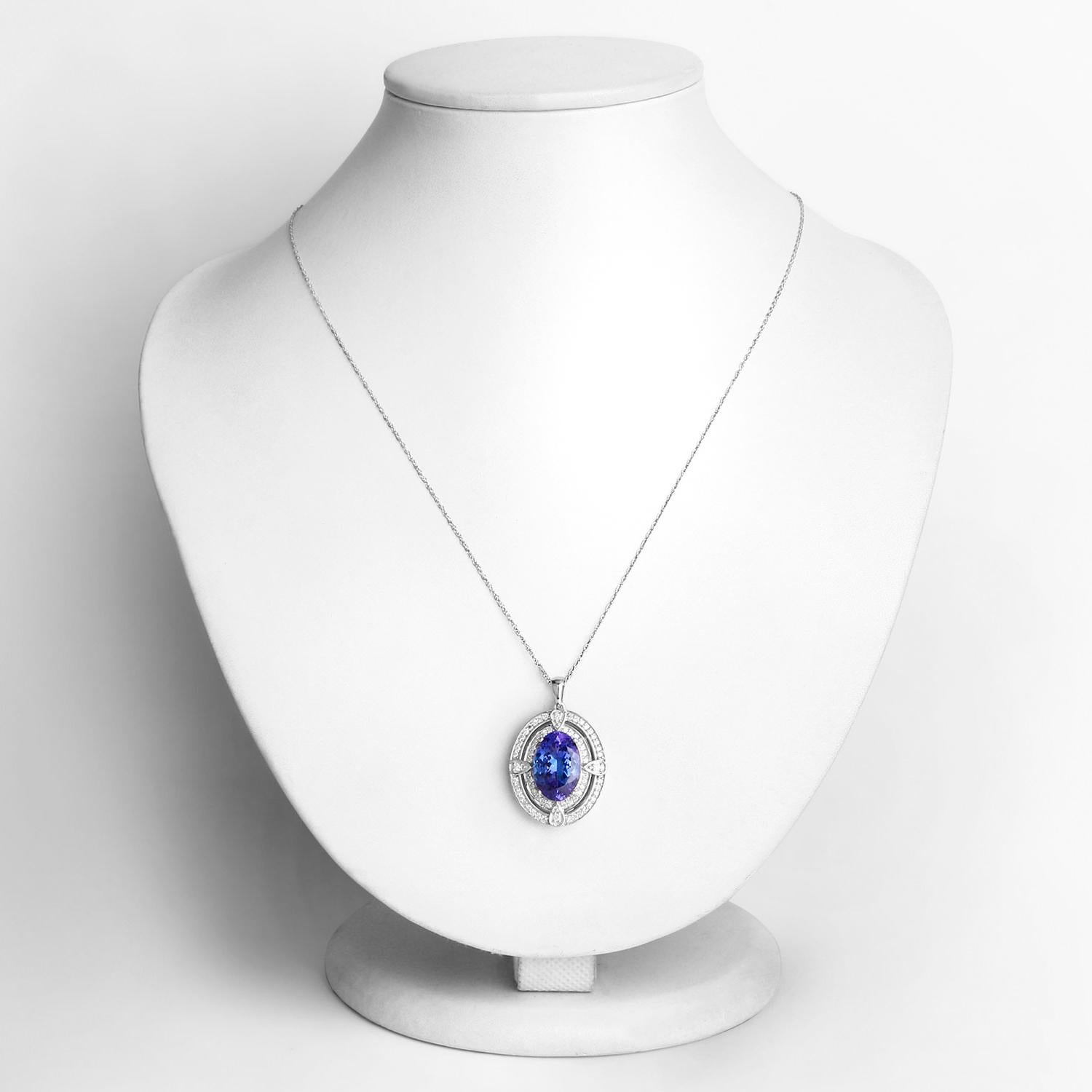 Oval Cut Tanzanite Pendant Necklace Diamonds 5.9 Carats 14K White Gold For Sale