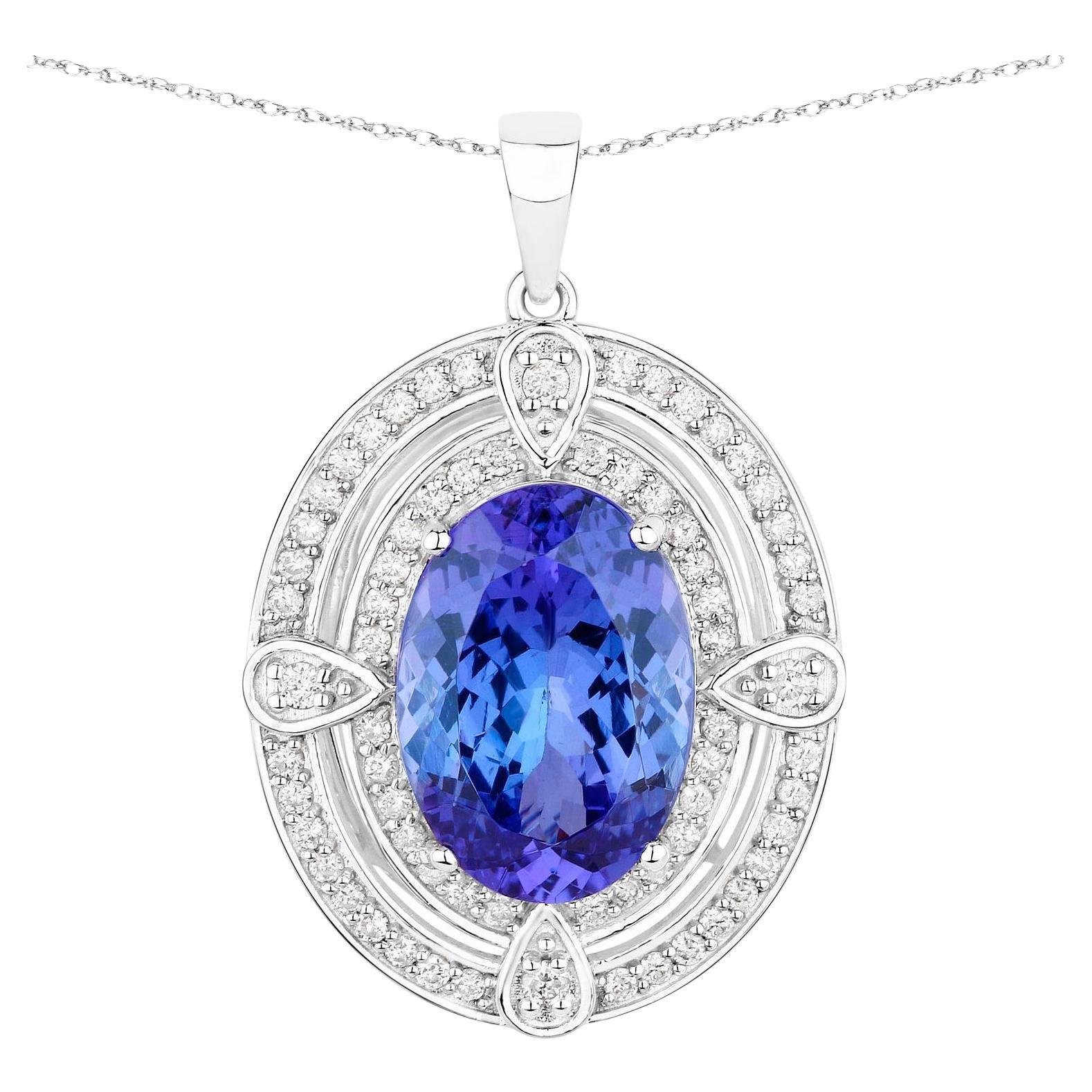 Tanzanite Pendant Necklace Diamonds 5.9 Carats 14K White Gold