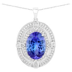 Tanzanite Pendant Necklace Diamonds 5.9 Carats 14K White Gold