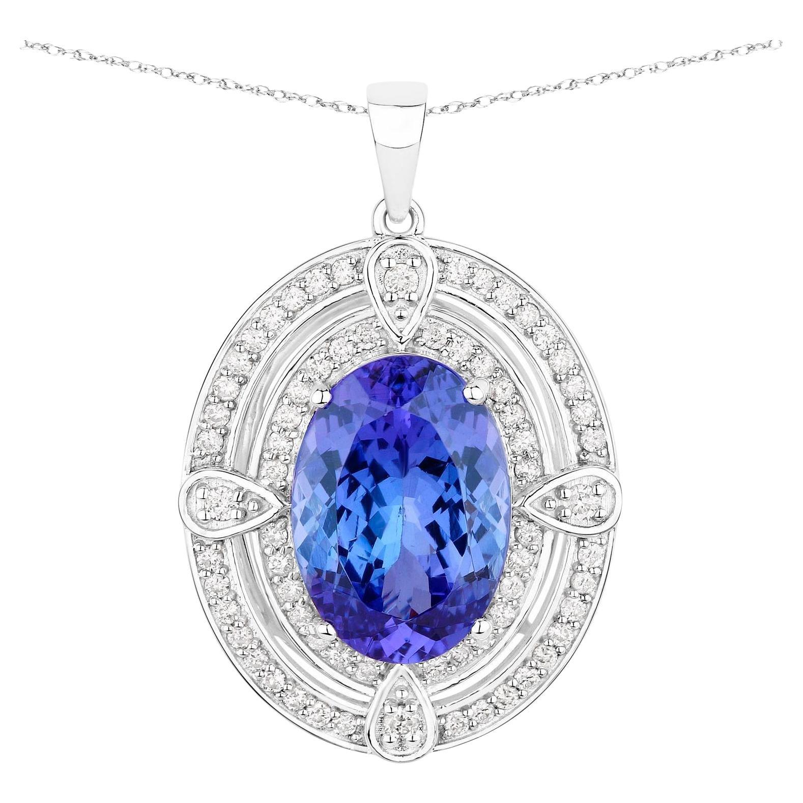 Tansanit-Anhänger Halskette Diamanten 5,9 Karat 14K Weißgold