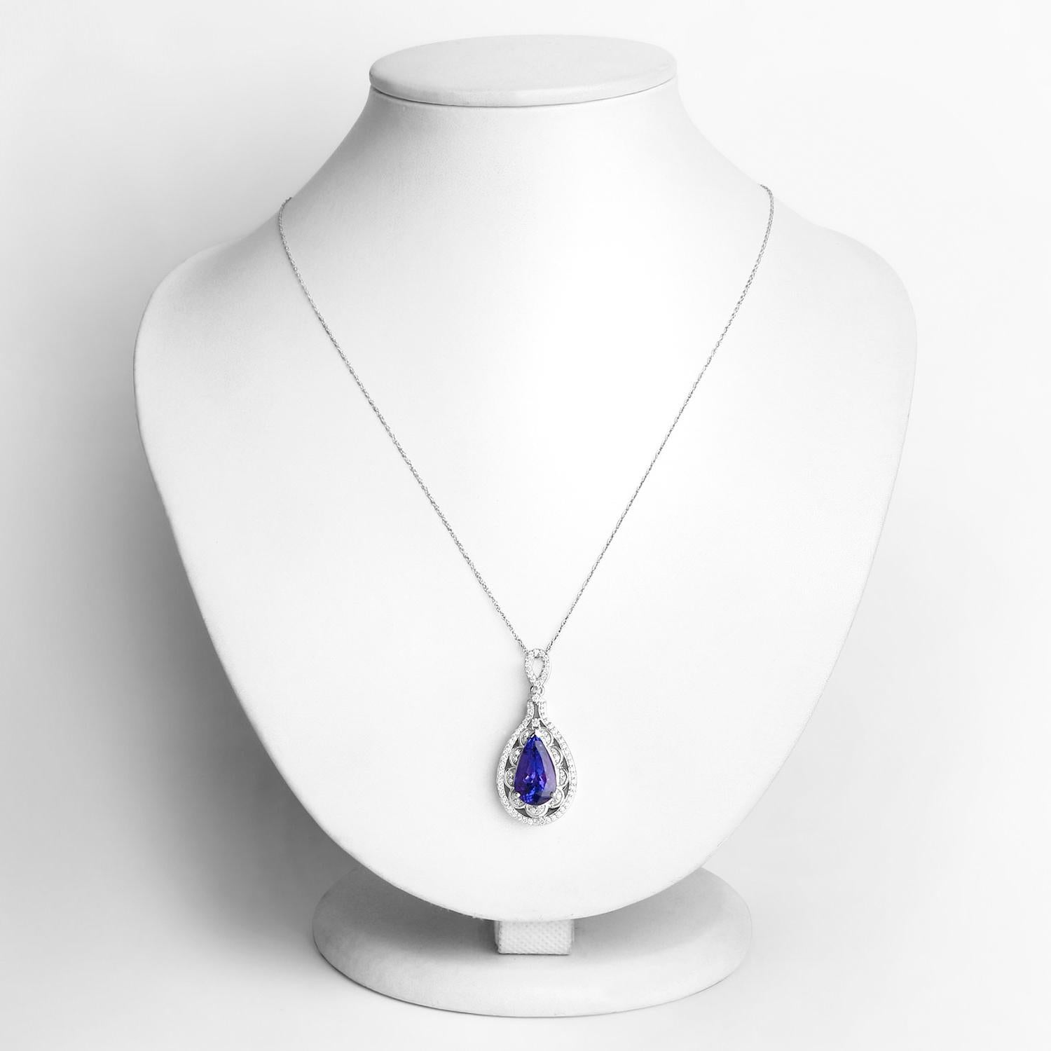 Pear Cut Tanzanite Pendant Necklace Diamonds 6.7 Carats 14K White Gold For Sale