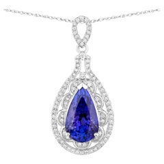 Tanzanite Pendant Necklace Diamonds 6.7 Carats 14K White Gold