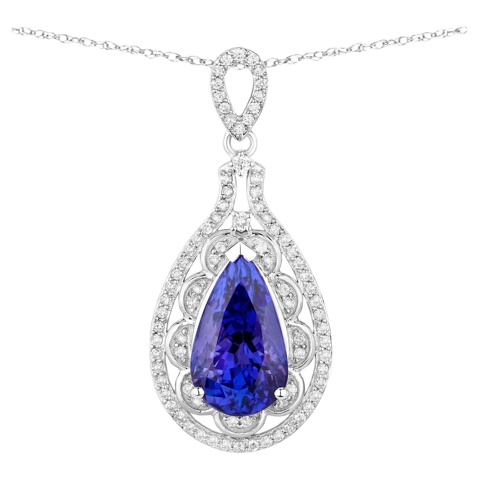 Tanzanite Pendant Necklace Diamonds 6.7 Carats 14K White Gold For Sale