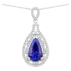 Tanzanite Pendant Necklace Diamonds 6.7 Carats 14K White Gold