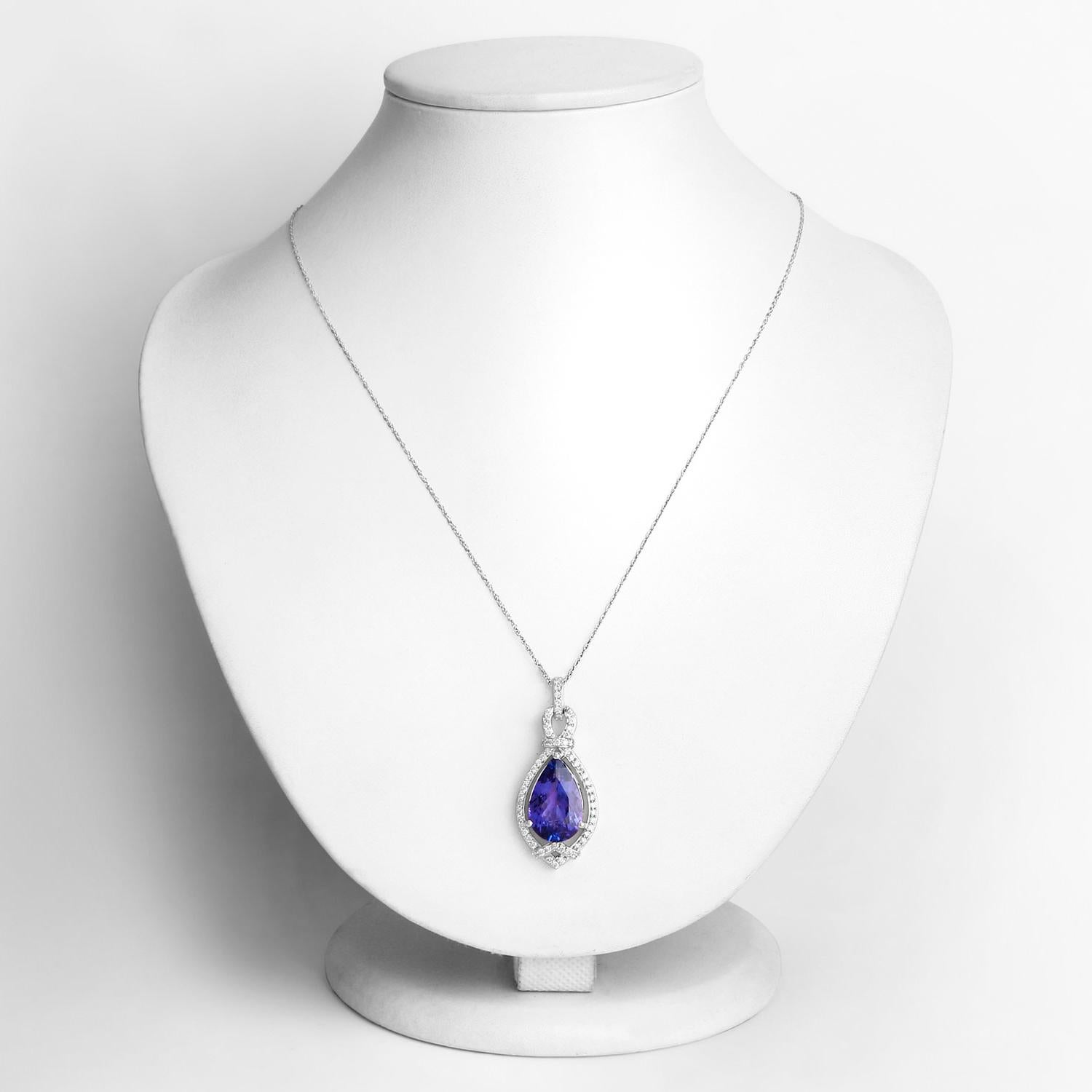 Pear Cut Tanzanite Pendant Necklace Diamonds 7.1 Carats 14K White Gold For Sale