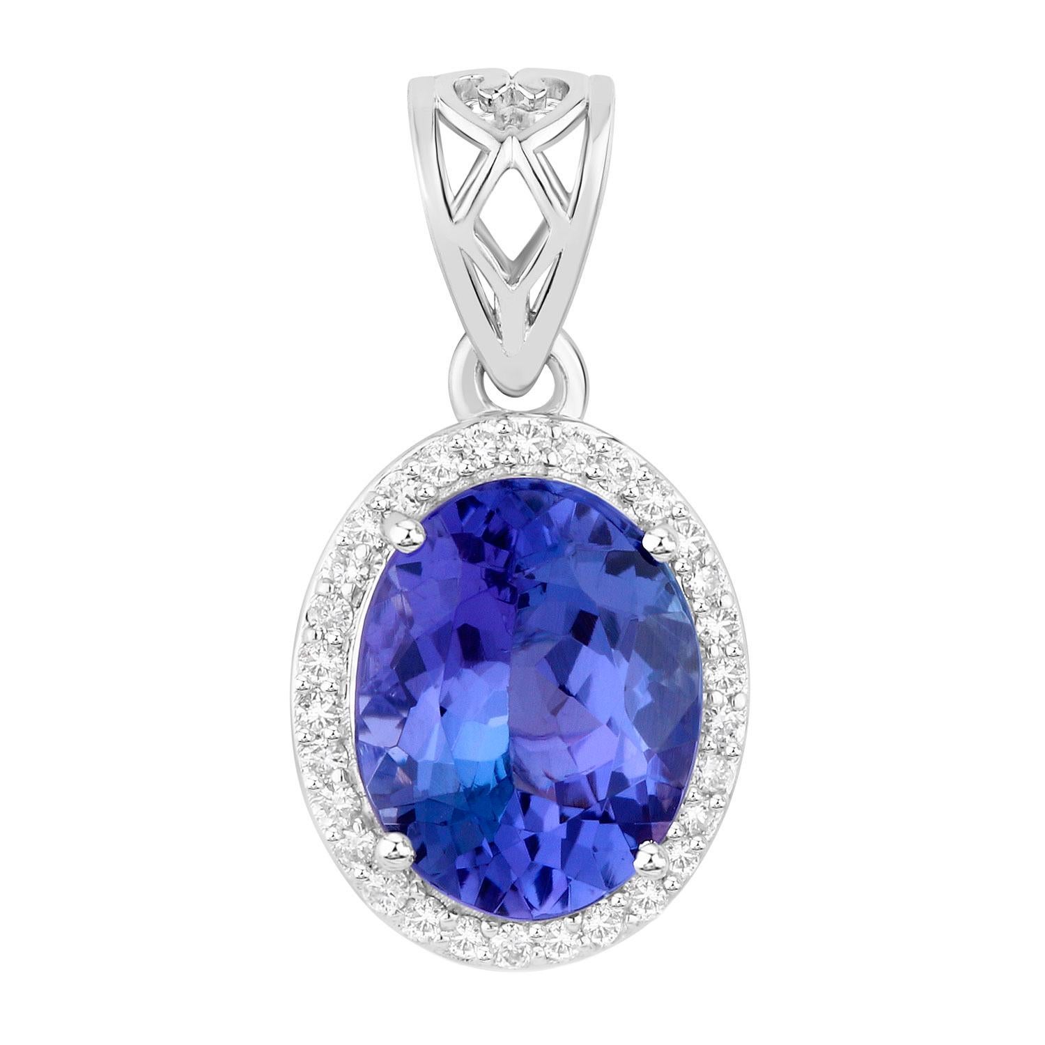 Oval Cut Tanzanite Pendant Necklace With Diamond Halo 2.8 Carats Total 14K Gold For Sale